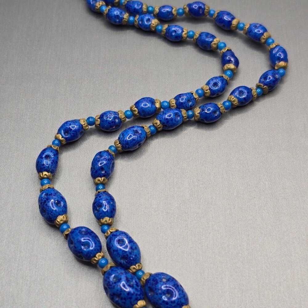 VTG Czech ‘Lapis’ Art Glass Necklace 26" Graduated Nugget Beads Brass Caps 1950s - Picture 5 of 12